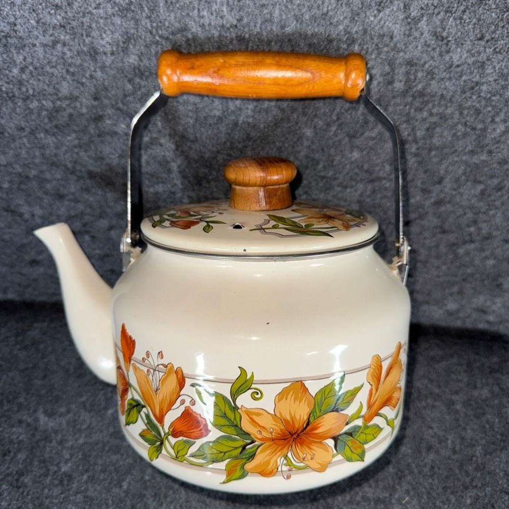 Vintage Floral Enamel Teapot Kettle Wood Handle Japan Hazel Atlas Style Rustic